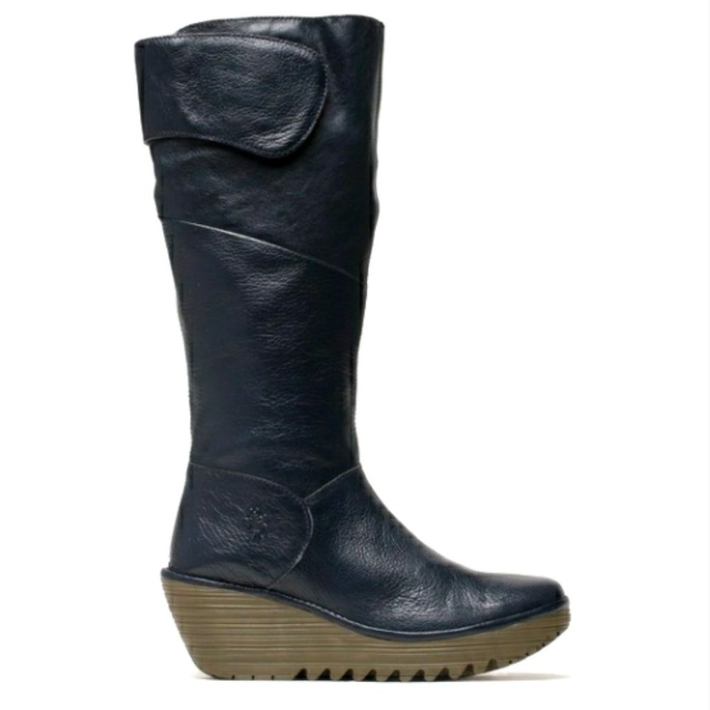 FLY London Yule Leather Knee-High Wedge Boots Navy Blue Size 41